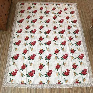 Poinsettia Print White Polycotton Large Tablecloth Lace Trim 65x84 Christmas